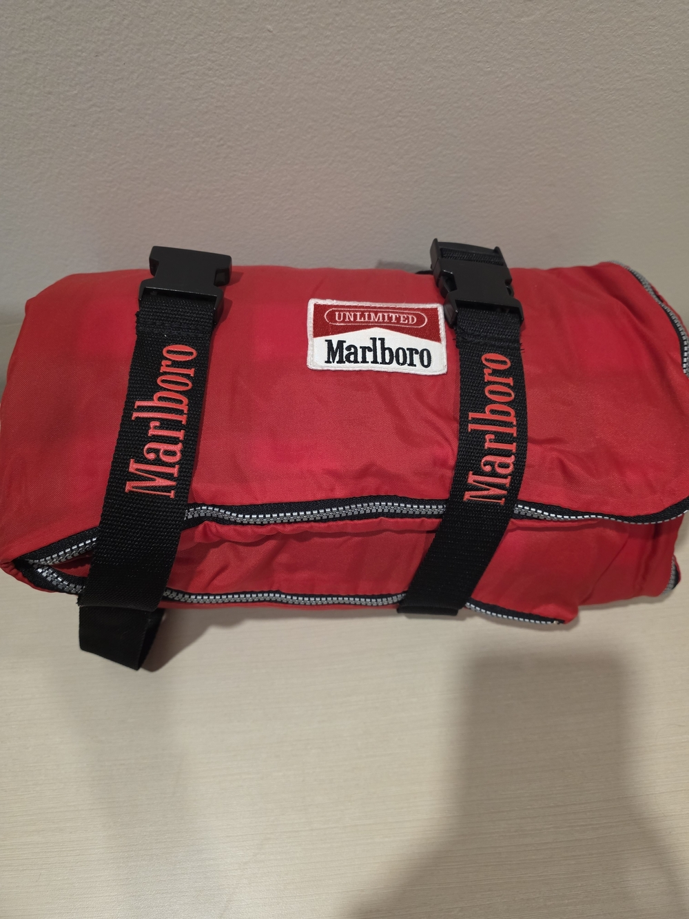 Vintage 90s Marlboro Unlimited Sleeping Bag Red Buffalo Plaid Fleece Lined Roll